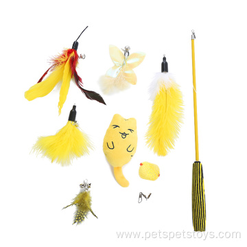 Yellow Feather Cat Toy Set Wand Kitten Toys